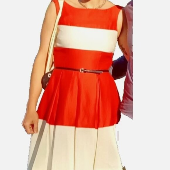Kate Spade Gayle Dress Coral Rust Orange Cream size 2 knee length pleated stripe - Picture 1 of 6